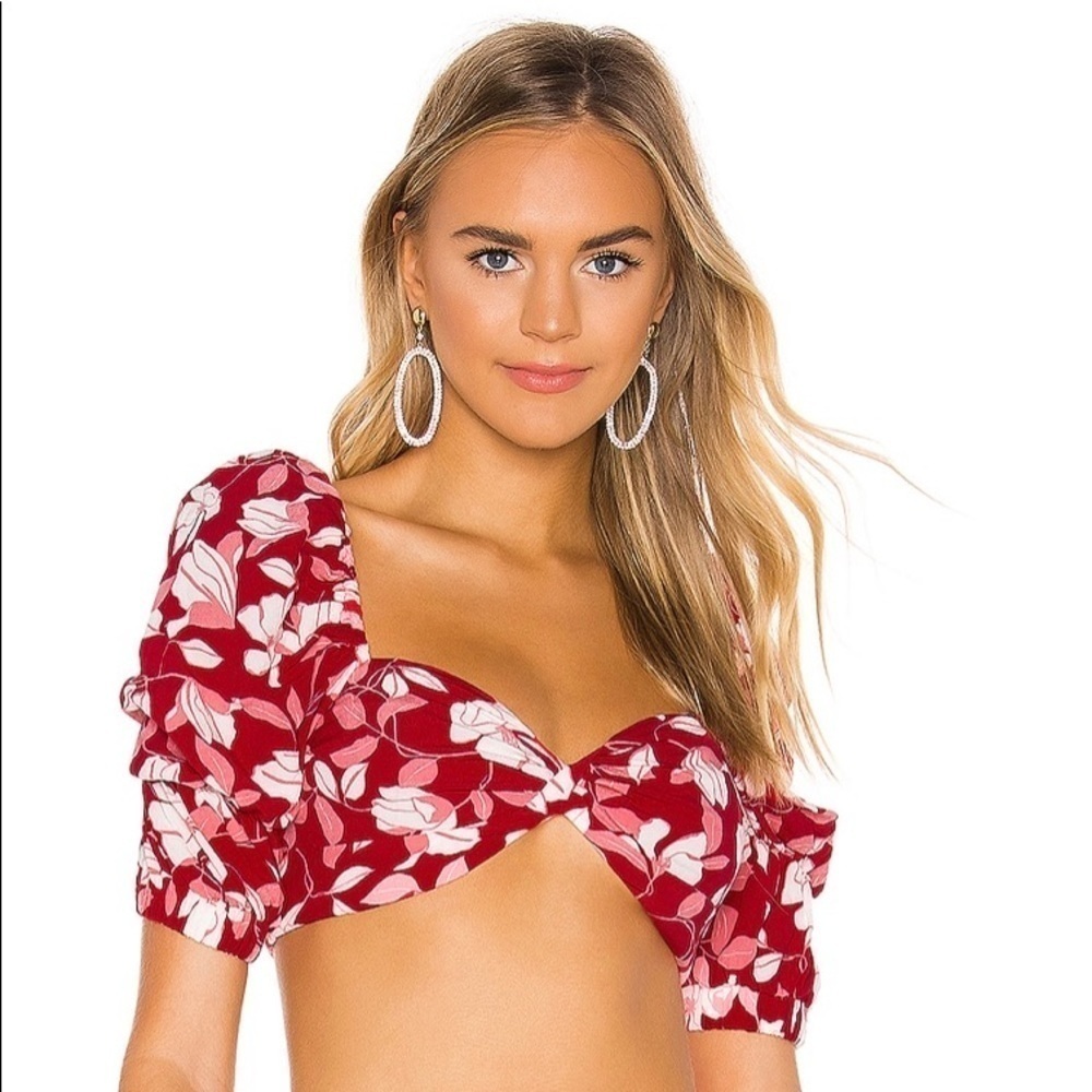 NWT NBD x Naven Crimson red floral smocked puffed sleeve cha cha M Coachella
